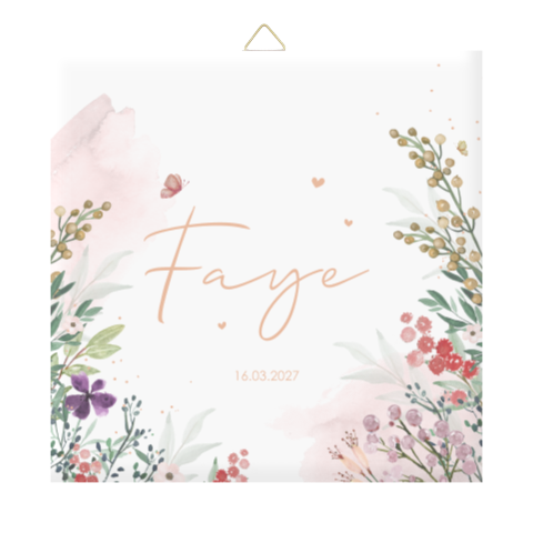 Geboortetegel met roze watercolour en veldbloemen