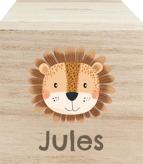 Houten spaarpot met schattig leeuwtje en naam