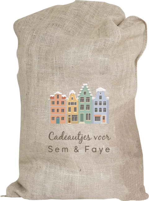 Jute zak van Sinterklaas XL met naam en huisjes - 60x100 cm
