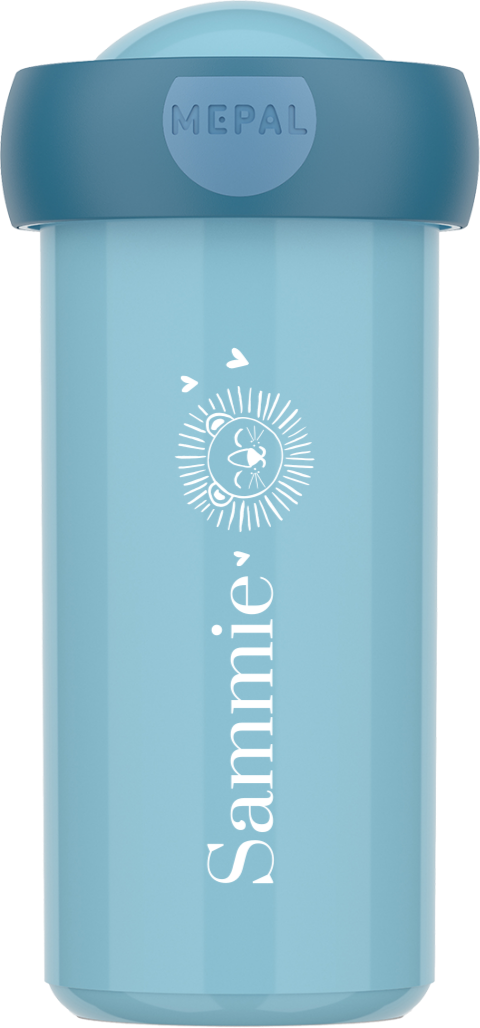 Stoere Mepal schoolbeker met lijntekening van leeuw, hartjes en naam