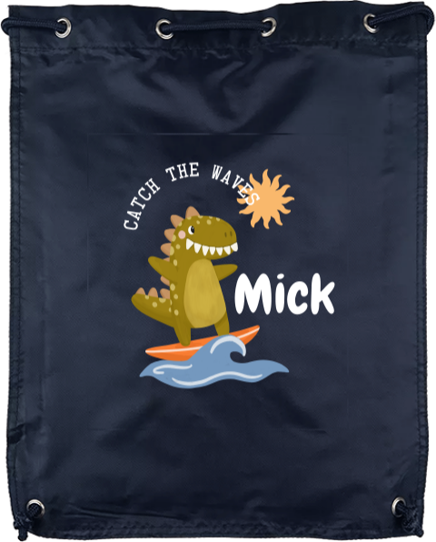 Gymtas met naam en dino op surfplank