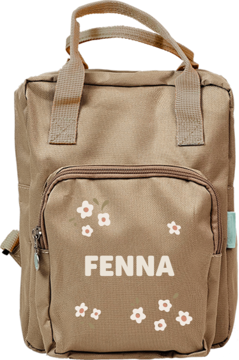 Rugtas Classic met naam en witte bloemetjes