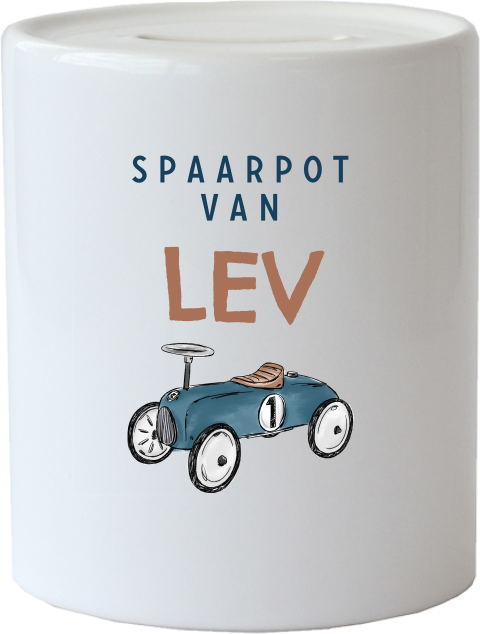Spaarpot van keramiek met vintage auto en naam