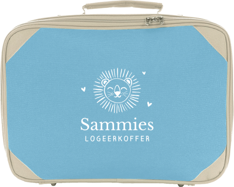 Koffertje met naam en lijntekening van leeuwenhoofd