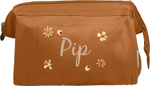 Toilettas met naam en droogbloemen