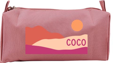 Kleurige etui met naam, landschap en zon