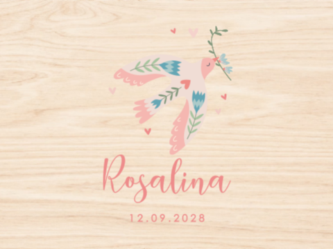 Vrolijke memorybox met vogel, hartjes en naam