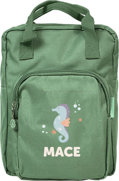 Rugtas Classic met naam en vrolijk zeepaardje