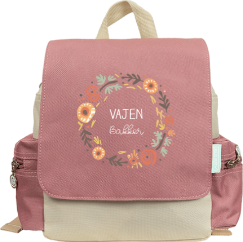 Rugtas Adventure met bloemenkrans en naam