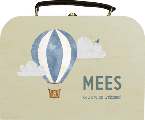 Houten koffertje met luchtballon en naam