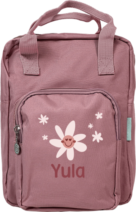 Rugtas Classic met naam en bloemen met gezichtje