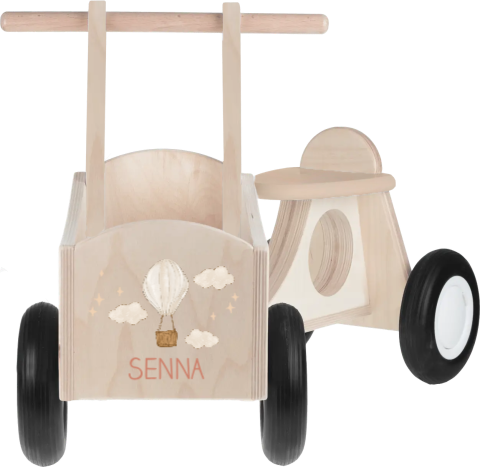 Houten bakfiets met luchtballon, wolken, sterren en naam