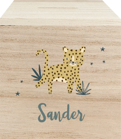 Houten spaarpot met cheetah en naam