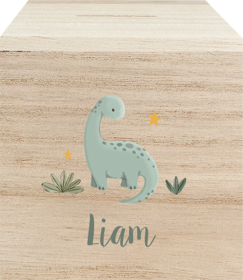 Houten spaarpot met dino en bladeren