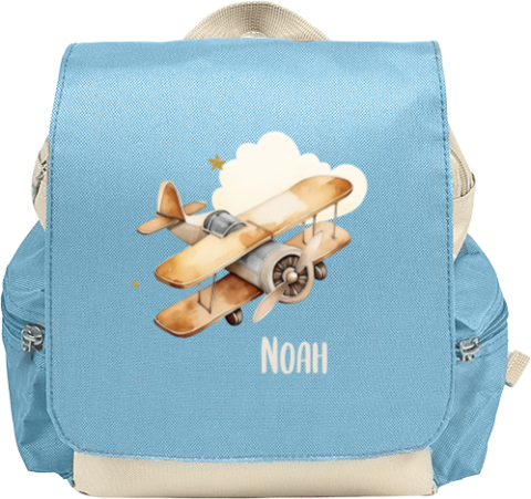 Rugtas Adventure met vliegtuig, wolkje, sterren en naam