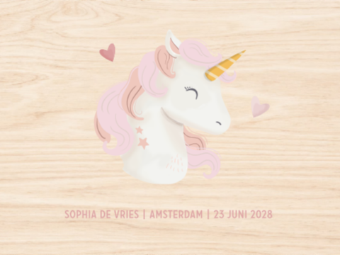 Memorybox van hout met unicorn en geboortegegevens