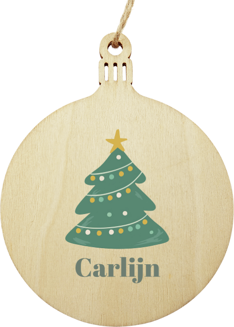 Houten kerstbal hanger met kerstboom en naam