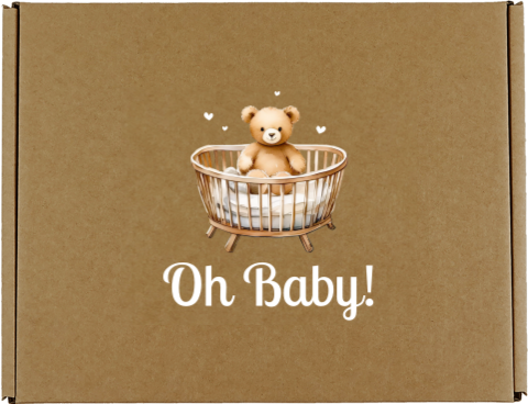 Lieve cadeaudoos van kraft met beertje in wieg en tekst