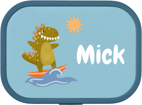 Mepal broodtrommel Campus met een dinosaurus op een surfplank