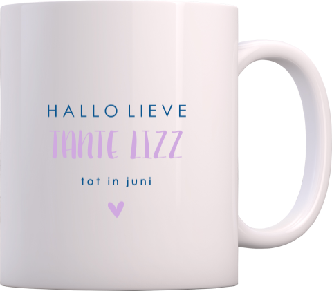 Mok zwangerschapsaankondiging met tekst 'Hallo lieve tante...'