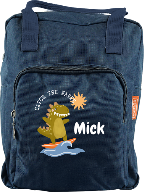 Rugzak Classic met naam en dino op surfplank