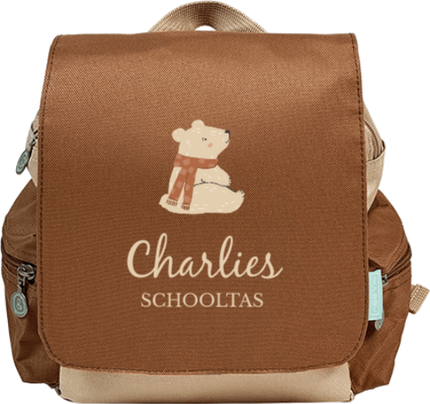 Stoere rugzak Adventure met zittende beer en naam