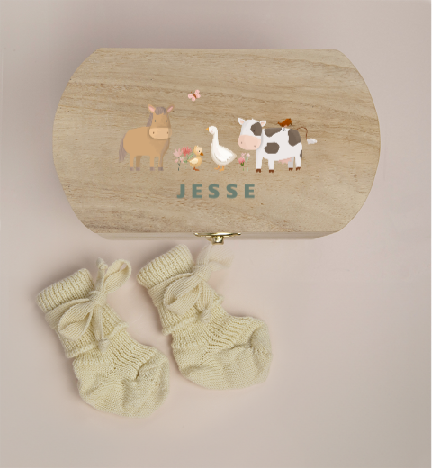 Kraamdoosje met boerderijdieren, naam en sokjes