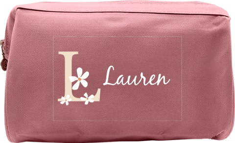 Vrolijke toilettas met naam, initiaal en bloemen