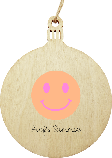 Houten kerstbal hanger met vrolijke smiley