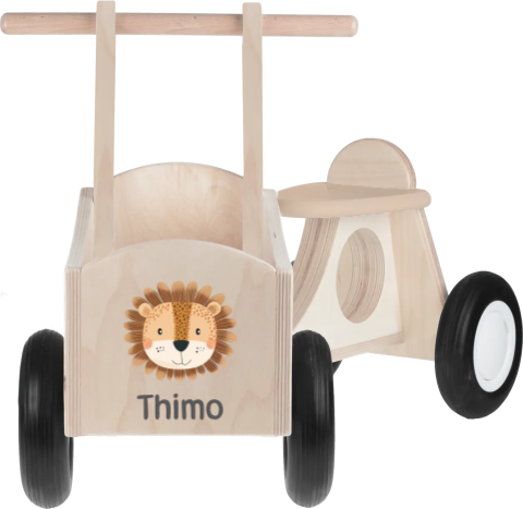 Houten bakfiets met leeuwenhoofd en naam