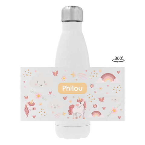 Drinkfles RVS met naam, eenhoorn en regenboogje