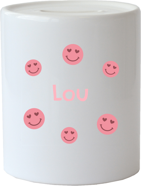 Spaarpot keramiek met hartjesogen smileys en naam