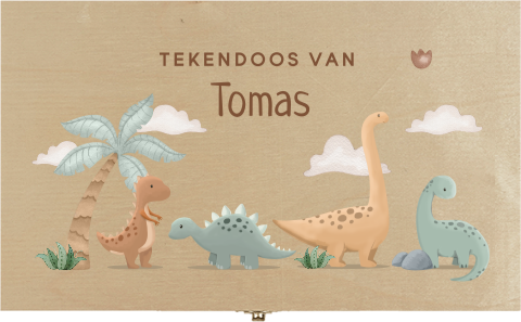 Stoere houten tekendoos met illustraties van dino's