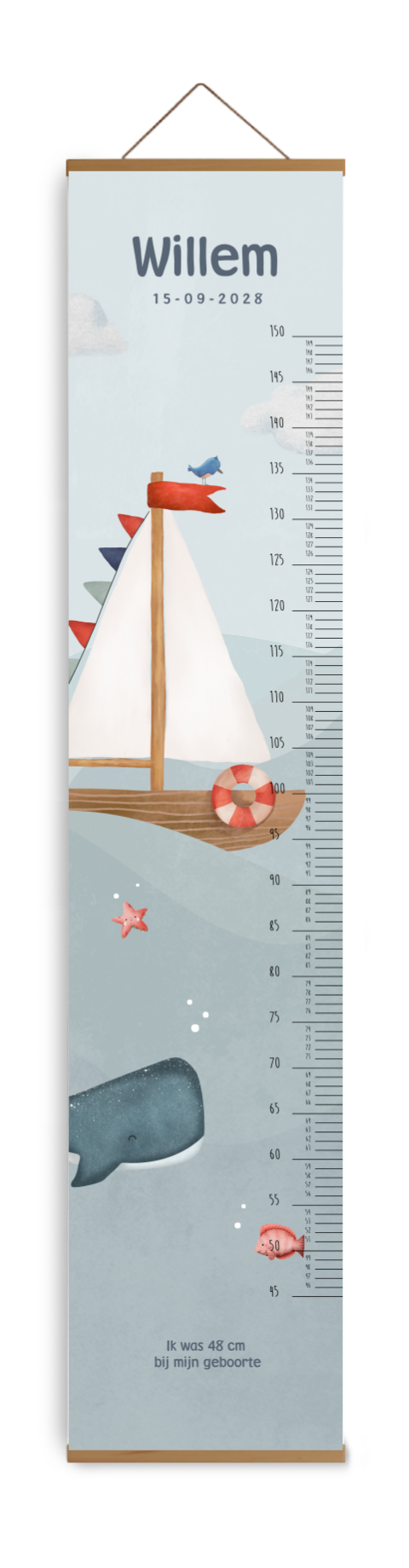 Avontuurlijke groeimeter met zeilboot en walvis