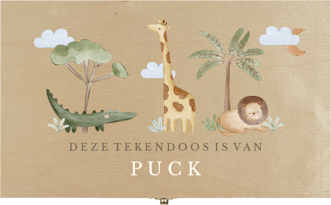 Avontuurlijke houten tekendoos met jungledieren en naam