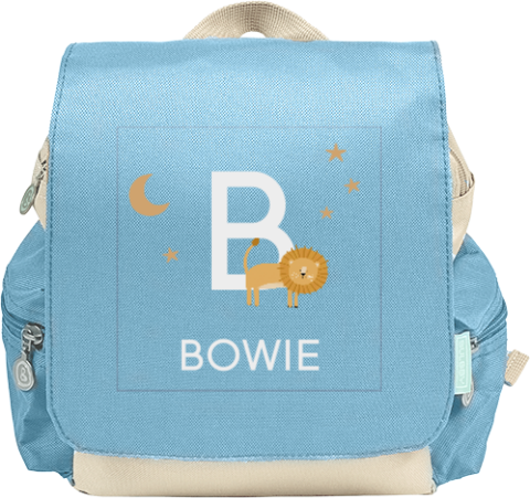 Avontuurlijke rugzak met initiaal en leeuw