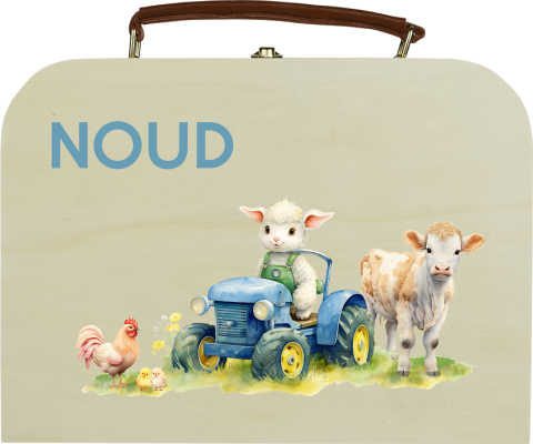 Houten koffertje met boerderijdieren en naam