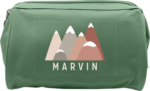 Toilettas met naam en berglandschap