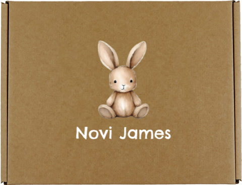 Lieve cadeaudoos van kraft met zittend konijntje en naam