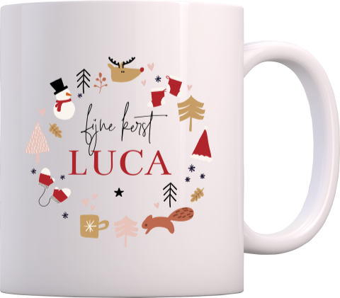 Kerstmok met vrolijke kerst illustraties en naam