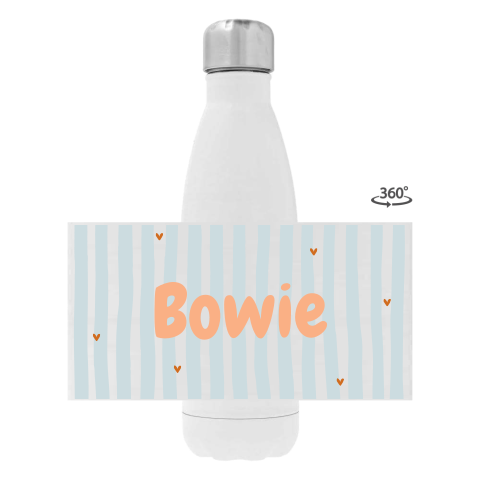 Drinkfles RVS lichtblauw/oranje gestreept met naam en hartjes