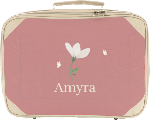 Koffertje met naam, bloem en vlinders