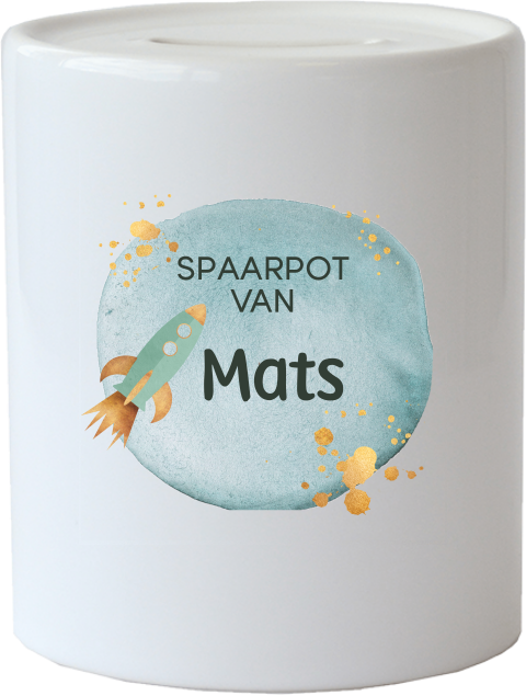 Spaarpot van keramiek met illustratie van raket en naam