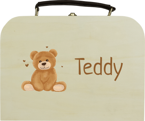 Houten koffertje met teddybeer en naam