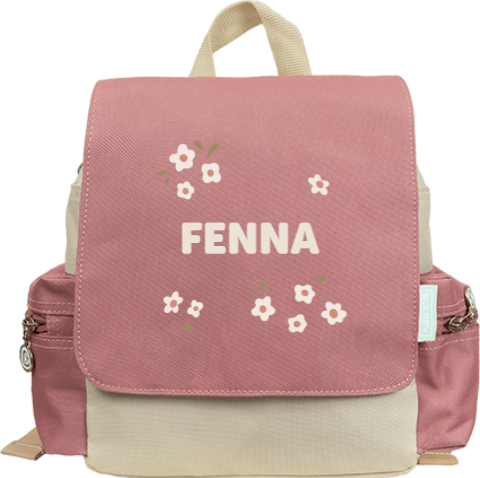 Rugtas Adventure met naam en witte bloemetjes