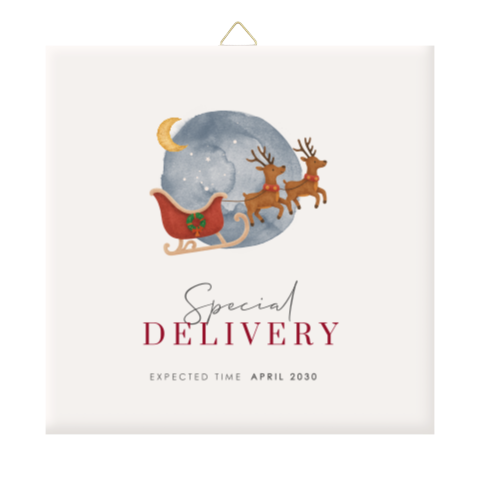 Tegeltje zwangerschapsaankondiging in kerstthema met slee en rendieren