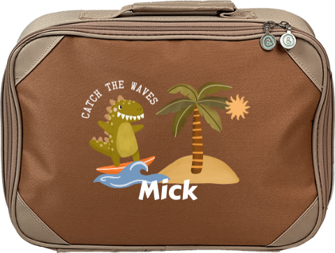 Avontuurlijk koffertje met naam en dino op surfplank