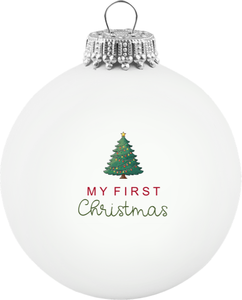 Glazen kerstbal met kerstboom en tekst 'my first christmas'
