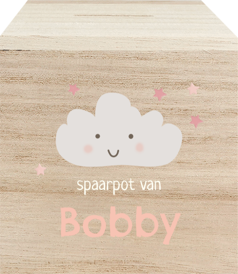 Dromerige houten spaarpot met gezichtwolkje, sterretjes en naam