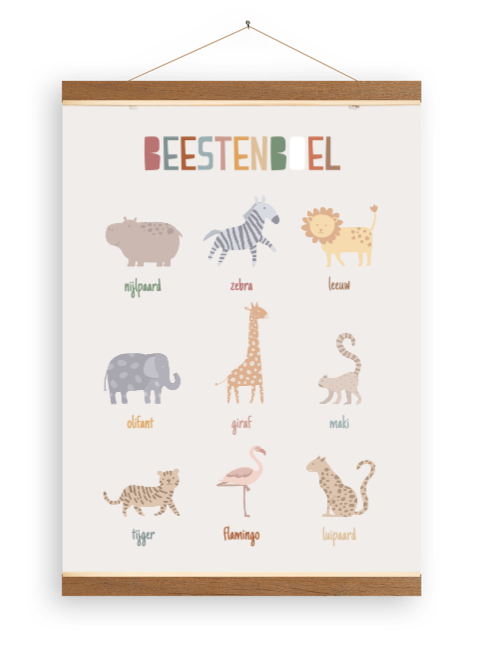 Canvasposter praatplaat beestenboel met houten latjes